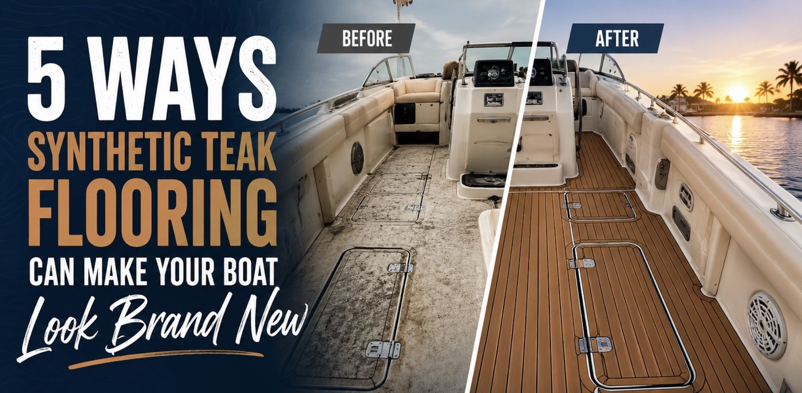 Before and after synthetic teak boat flooring transformation