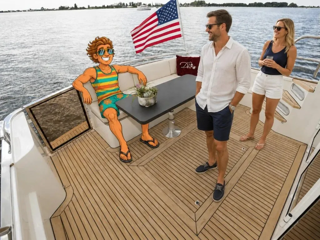 Boat owners on a synthetic teak deck — Wave Maker Craft flooring inspiration