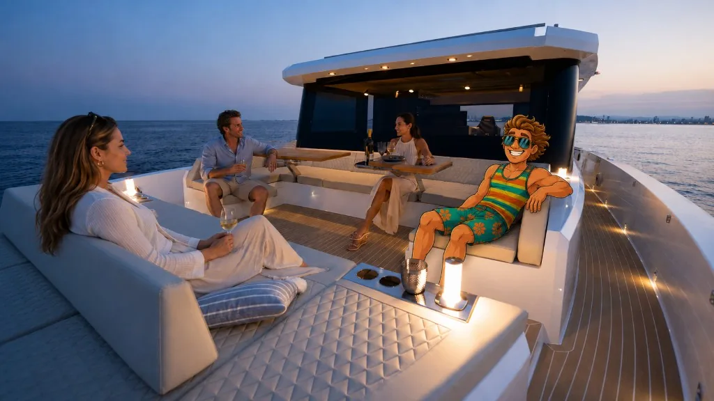 Rex, the Wave Maker Craft mascot, on an evening boat deck with Flexiteek synthetic teak flooring and guests relaxing aft